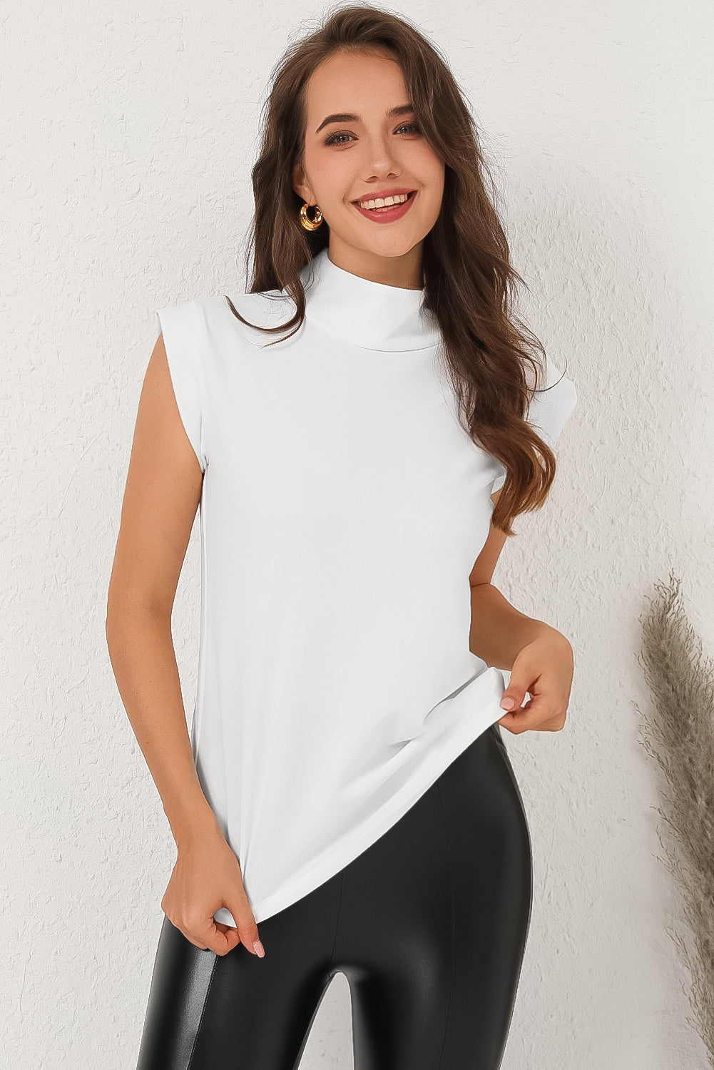 Mock Neck Cap Sleeve Blouse