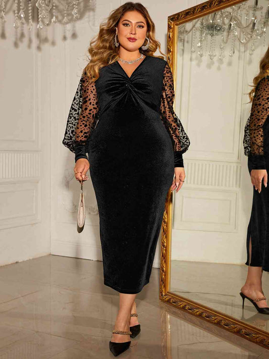 Plus Size Twist Front Lantern Sleeve Slit Dress