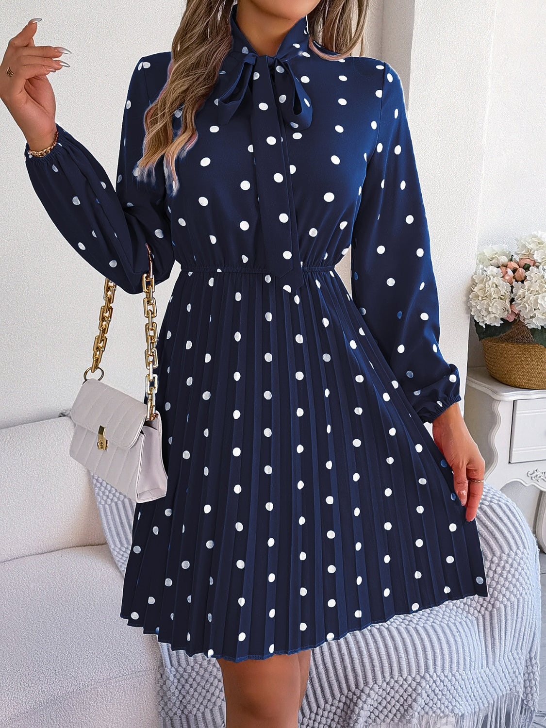 Polka Dot Tie Neck Pleated Dress