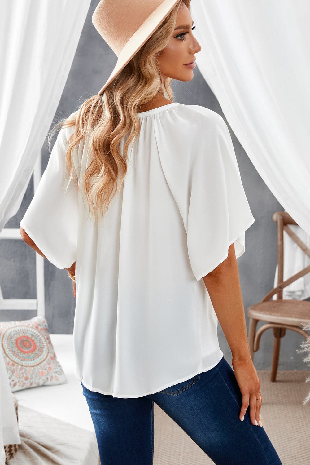 Gathered Detail Notched Neck Flutter Sleeve Top