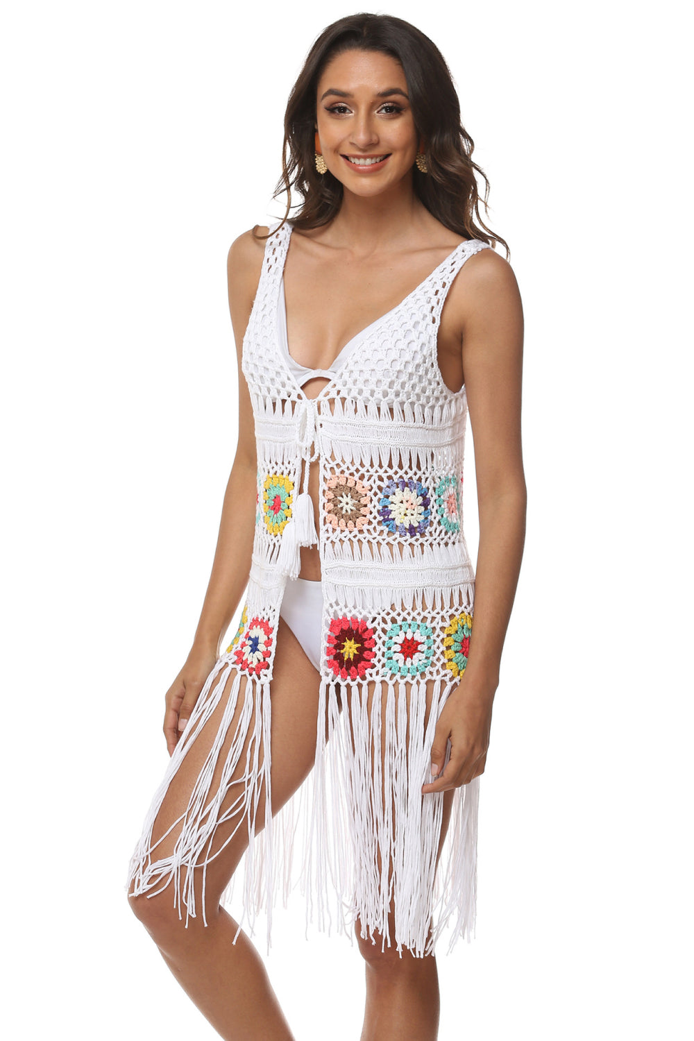 Openwork Fringe Detail Embroidery Sleeveless Cover-Up