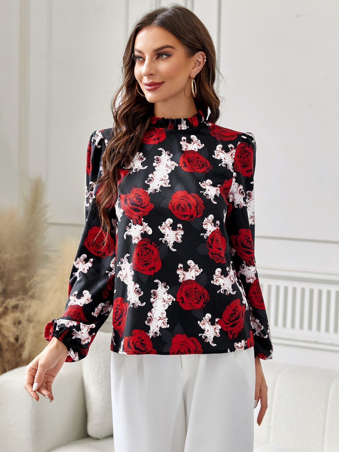 Floral Mock Neck Long Sleeve Blouse