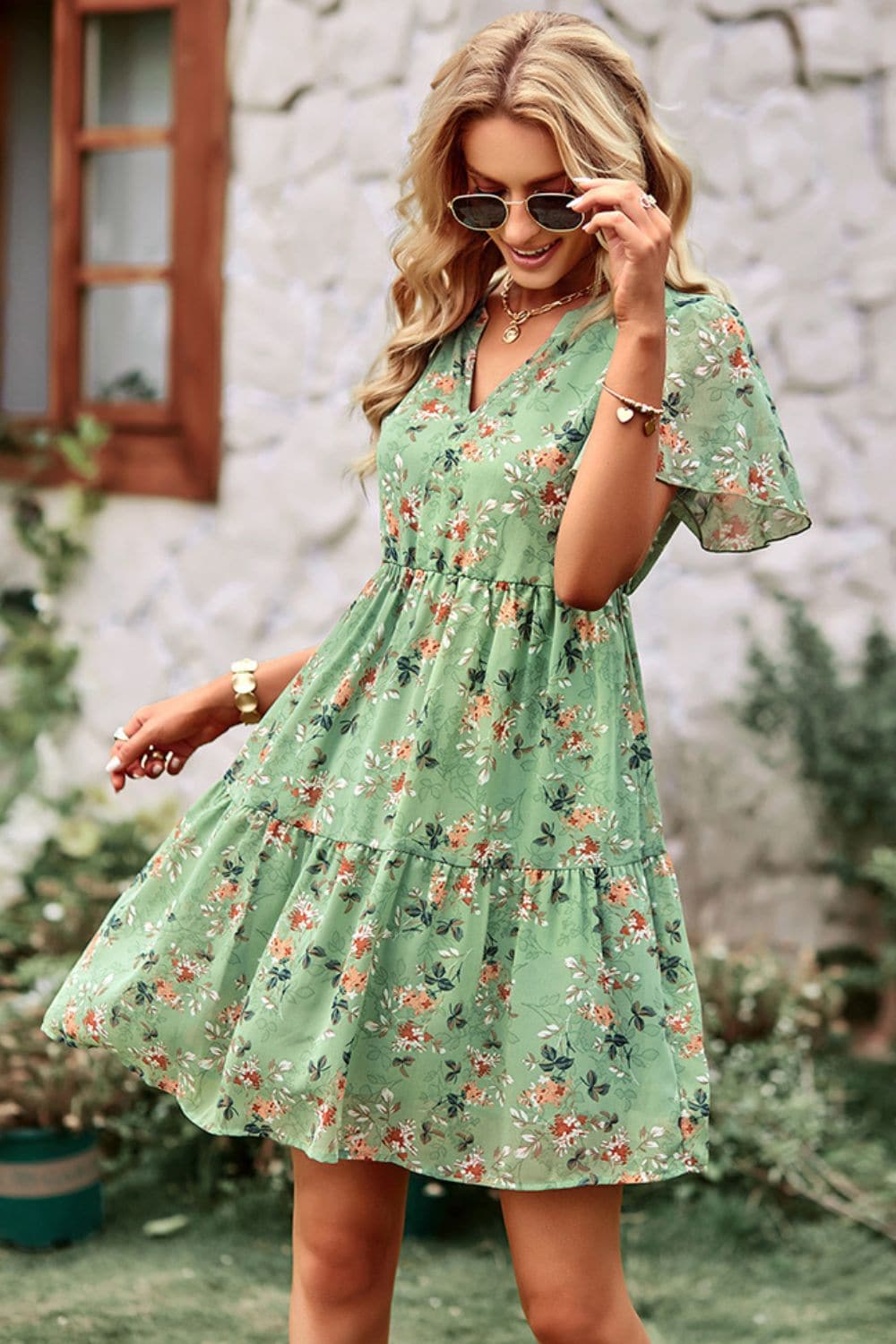 Floral Notched Flutter Sleeve Mini Dress