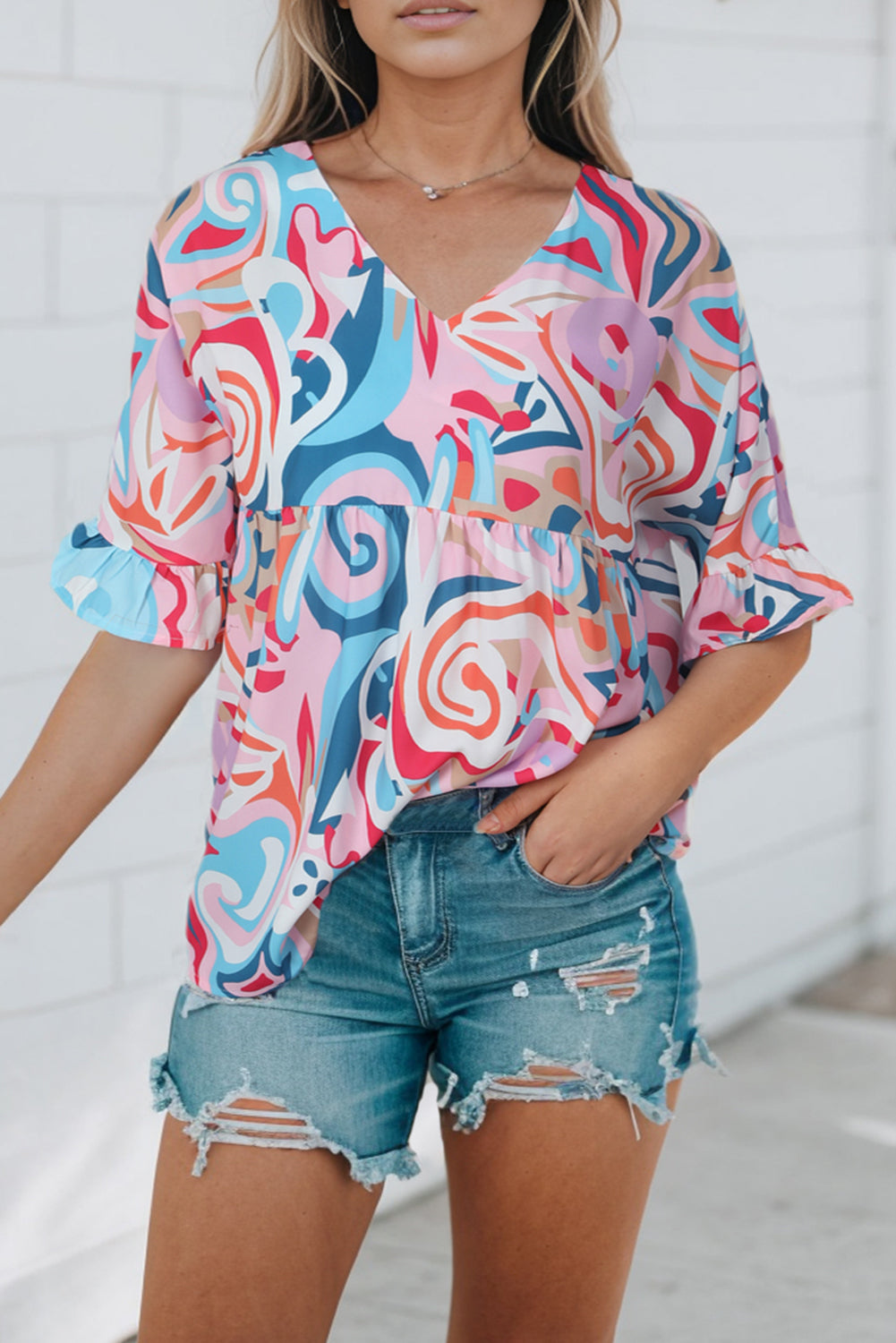 Printed V-Neck Flounce Sleeve Blouse