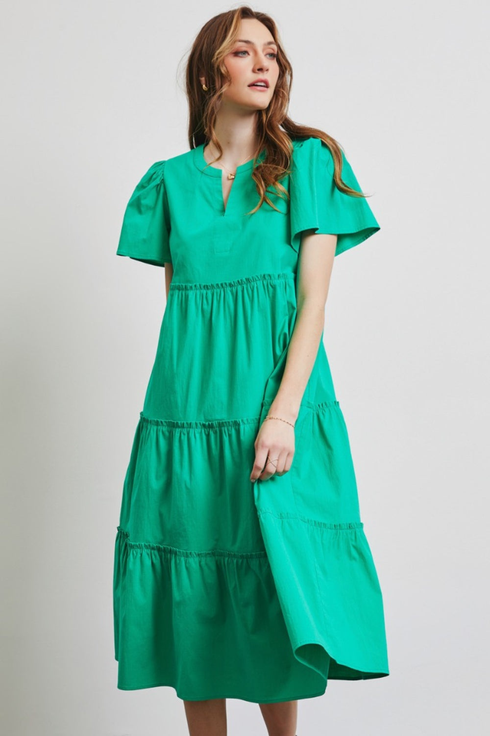 HEYSON Full Size Cotton Poplin Ruffled Tiered Midi Dress