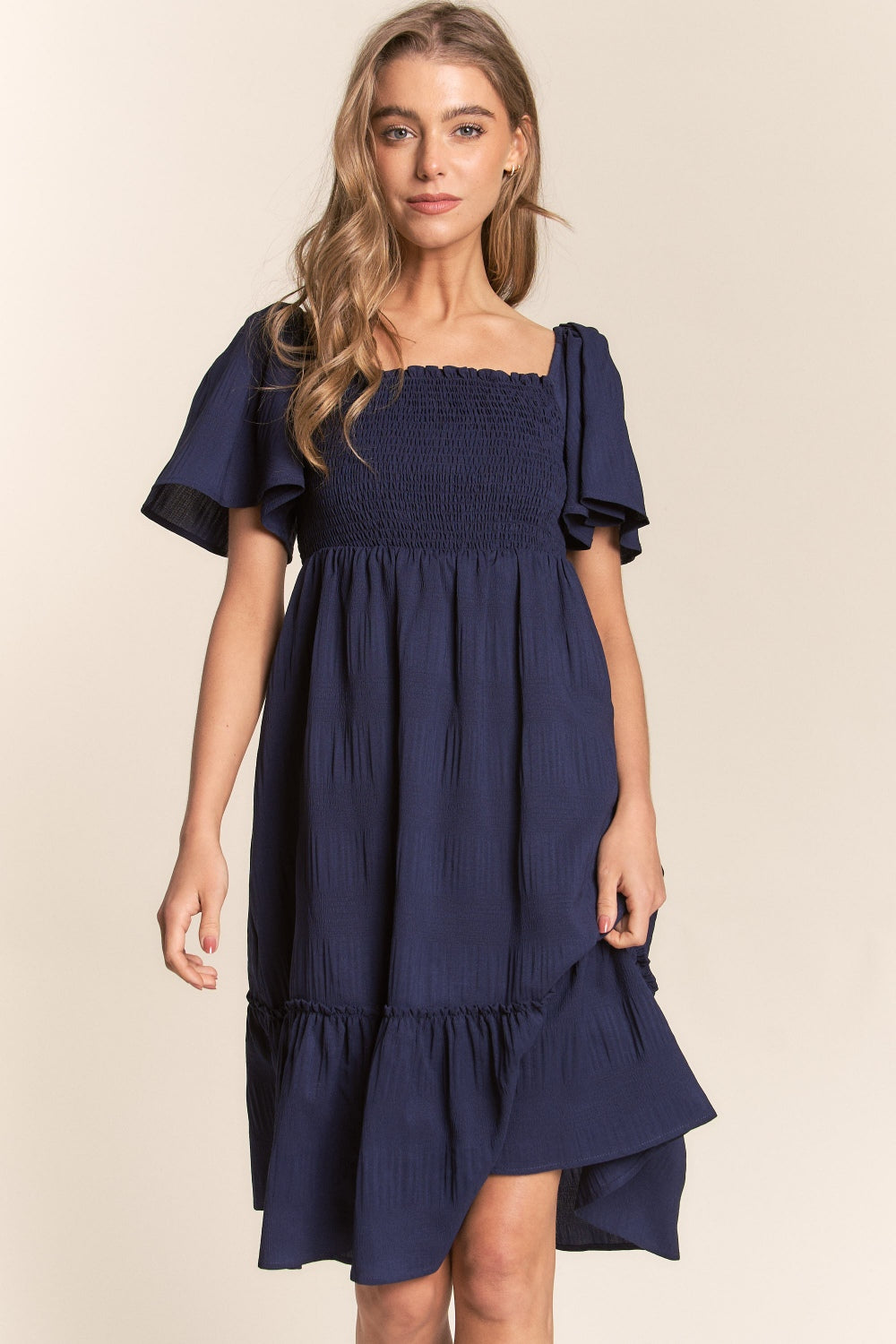 J.NNA Smocked Bow Back Ruffle Hem Dress