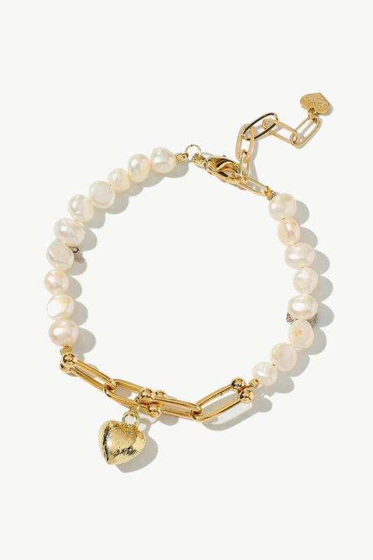 14K Gold Plated Heart Charm Pearl Bracelet - Love Culture