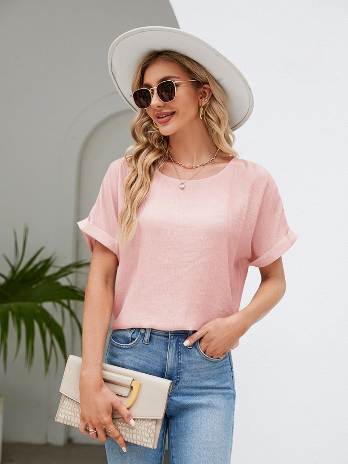 Round Neck Short Sleeve Blouse