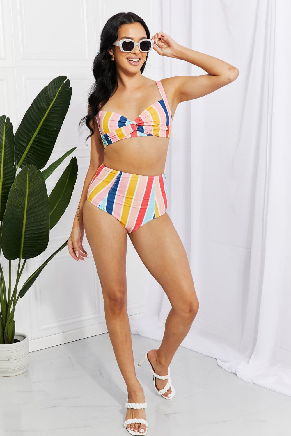 Mesh Striped Twisted Cutout Top & High Waist Bikini Set