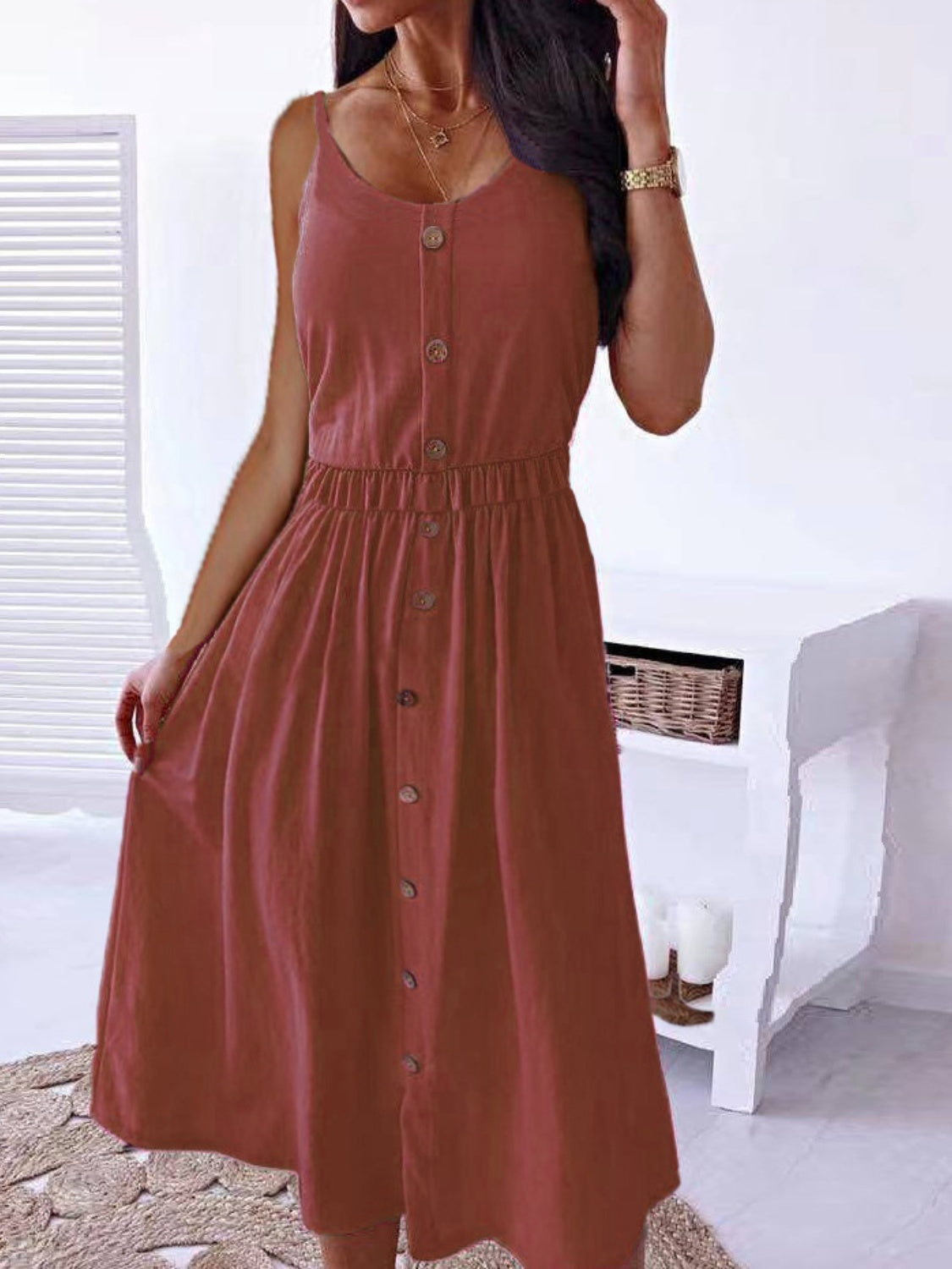 Decorative Button Spaghetti Strap Dress