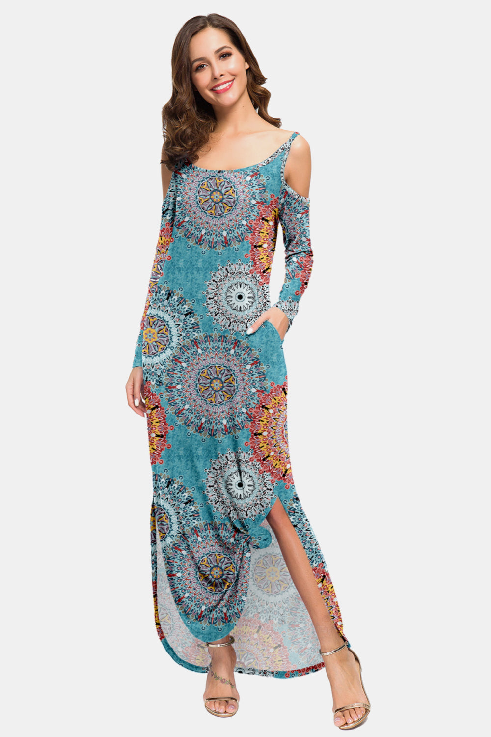 Printed Cold-Shoulder Slit Maxi Dress