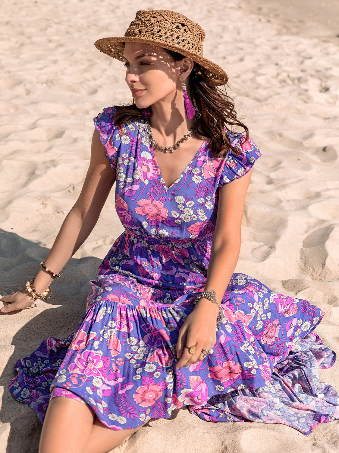 Printed V-Neck Midi Dress