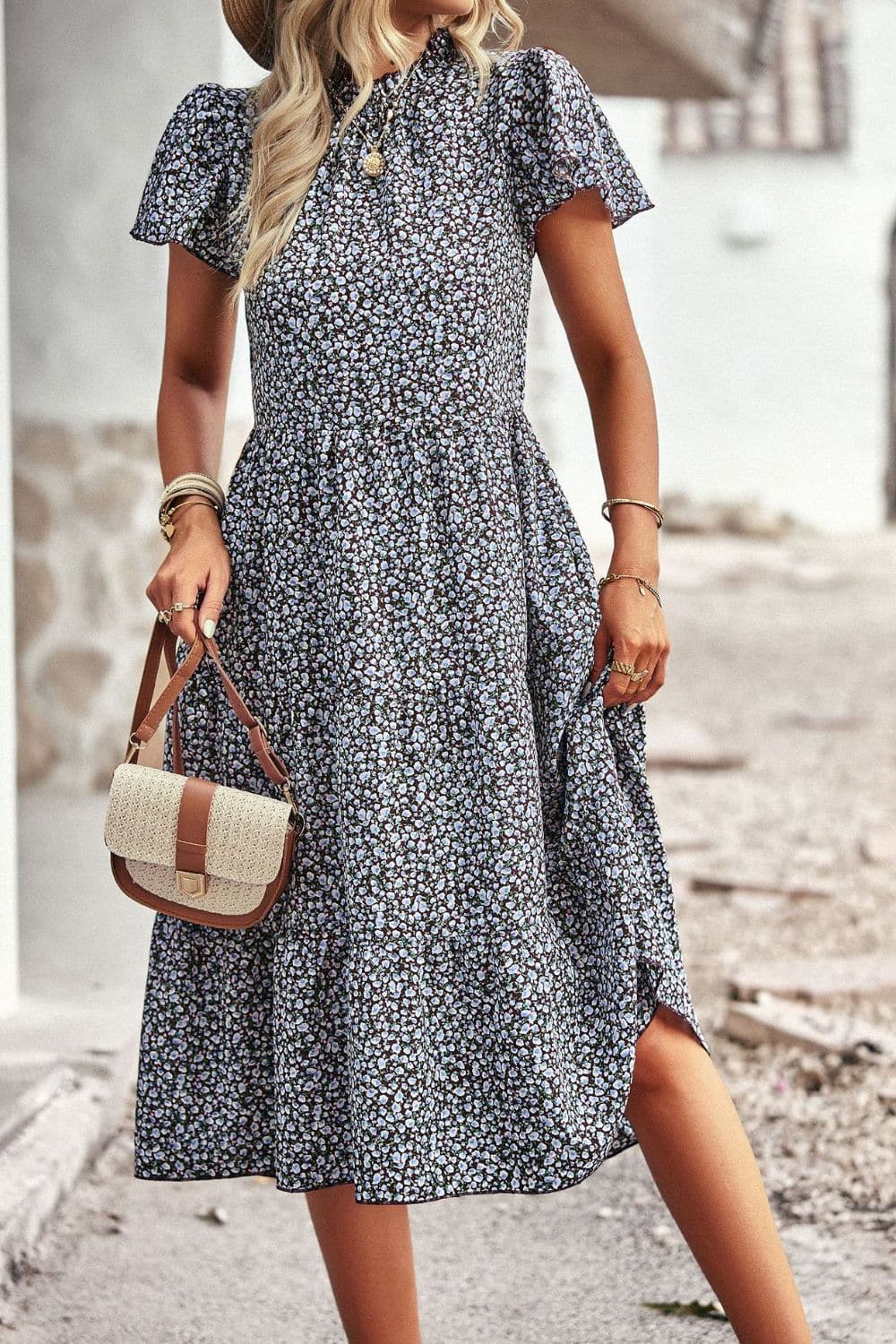 Round Neck Flutter Sleeve Midi Dress