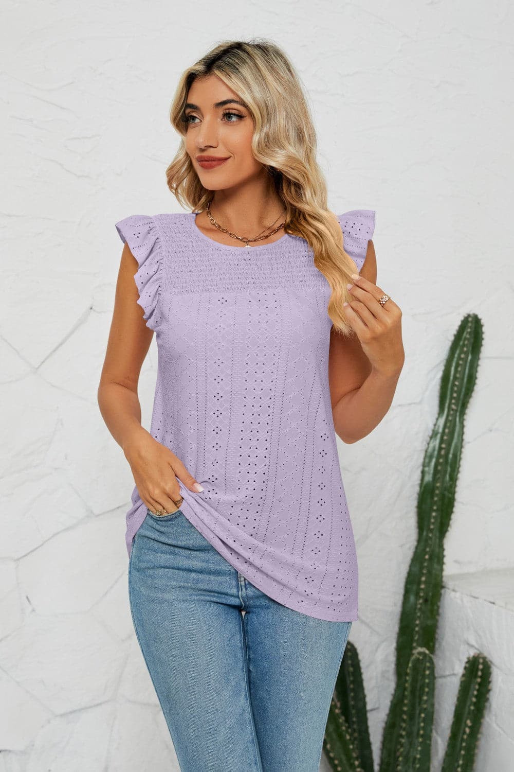 Smocked Round Neck Eyelet Top