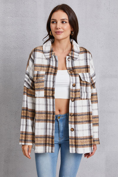 Plaid Button Up Dropped Shoulder Outerwear