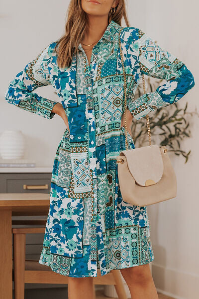 Printed Button Up Long Sleeve Shirt Dress