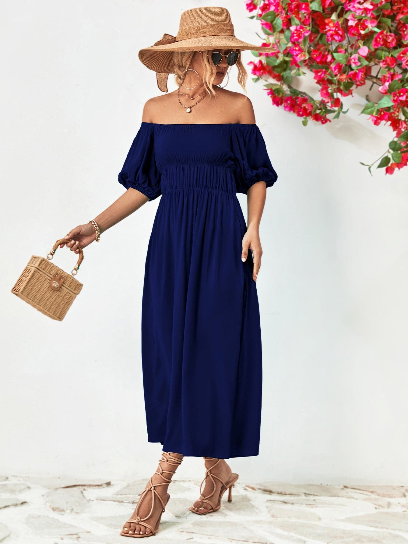 Off-Shoulder Balloon Sleeve Midi Dress