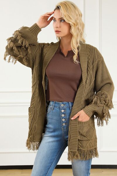 Cable-Knit Fringe Pocketed Cardigan