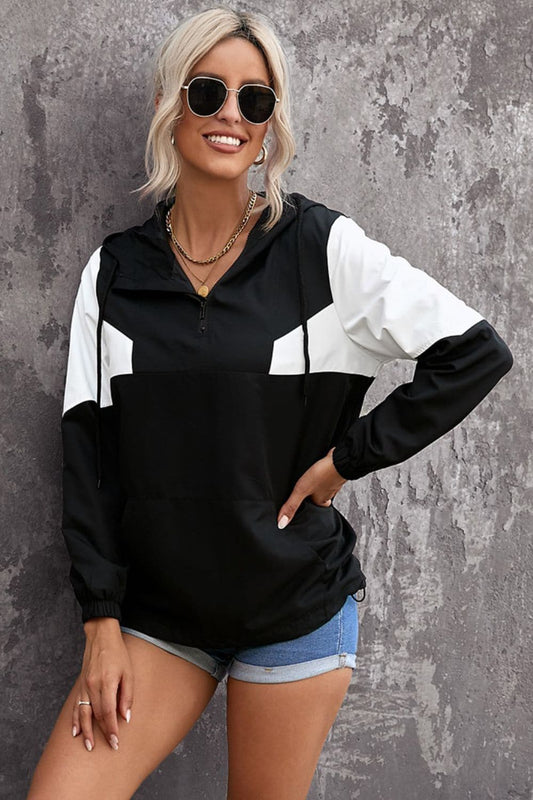 Color Block Quarter-Zip Drawstring Hoodie