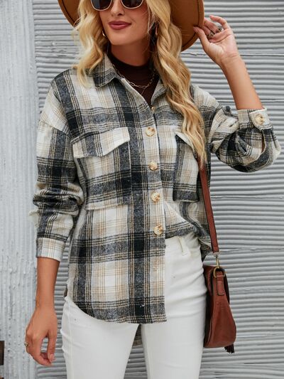 Plaid Button Up Dropped Shoulder Outerwear