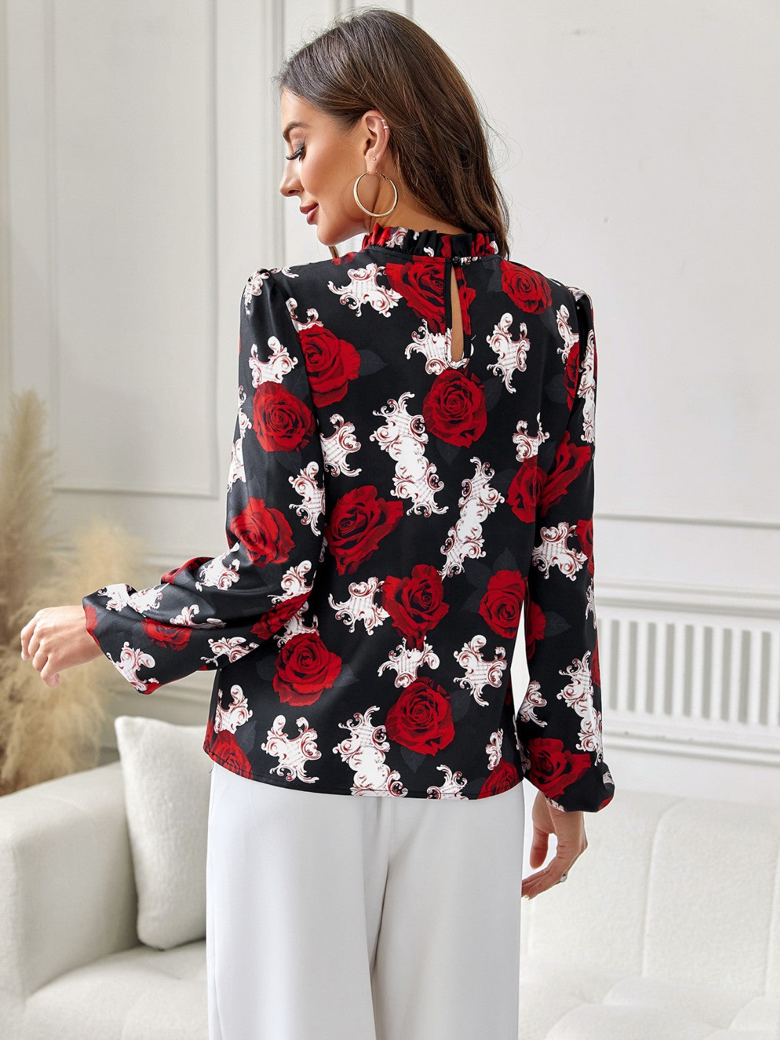 Floral Mock Neck Long Sleeve Blouse