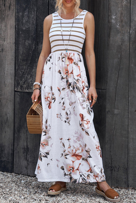 Striped Floral Round Neck Sleeveless Maxi Dress