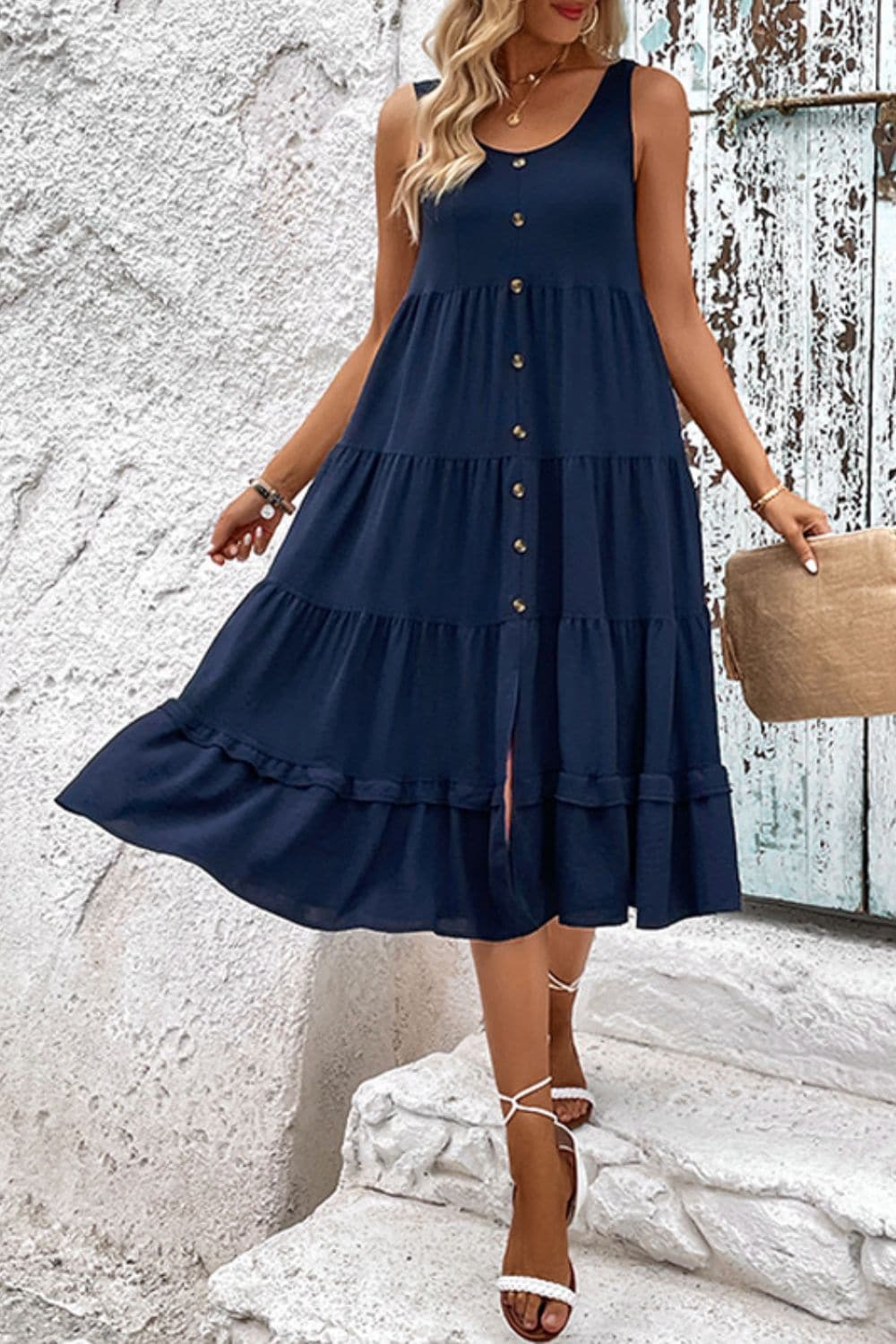 Decorative Button Scoop Neck Tiered Sleeveless Dress