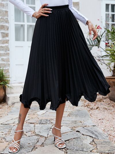 Frill Trim Pleated Elastic Waist Skirt