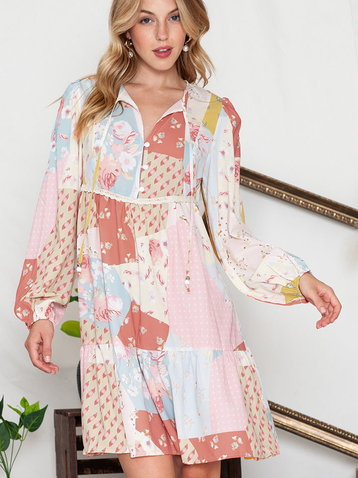 Printed Tie Neck Long Sleeve Dress