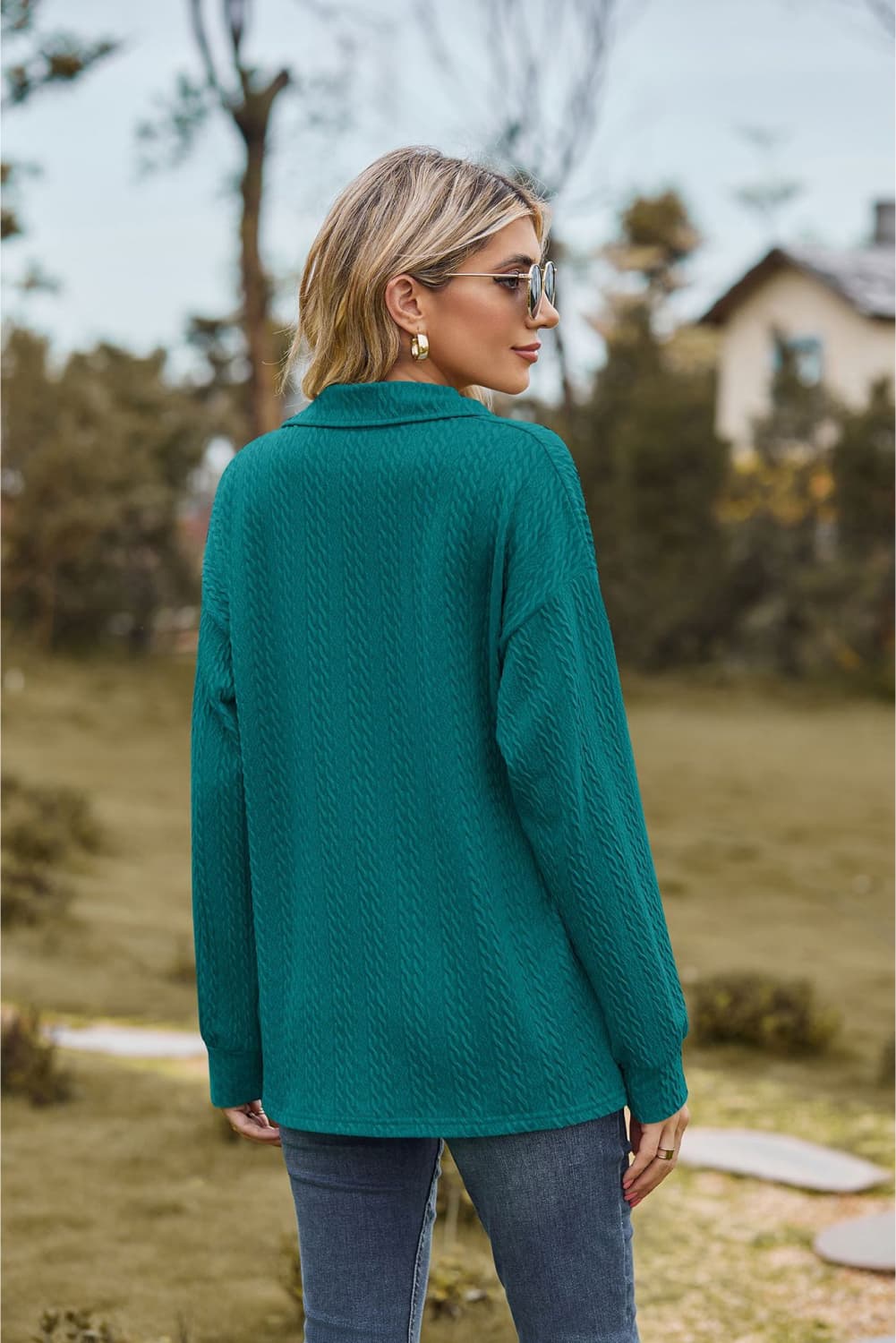 Collared Neck Cable-Knit Long Sleeve Blouse