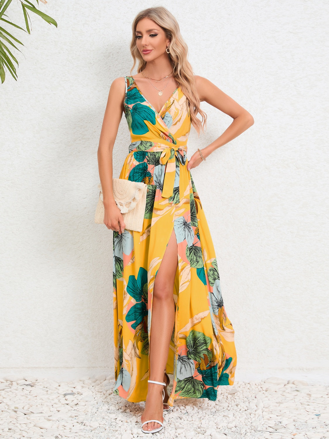 Slit Tied Printed Surplice Dress