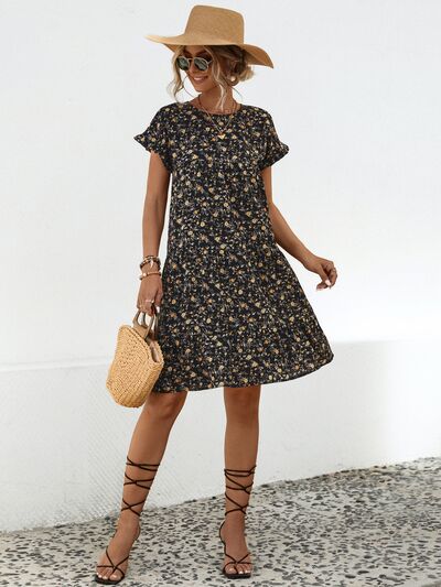 Frill Floral Round Neck Short Sleeve Tiered Dress