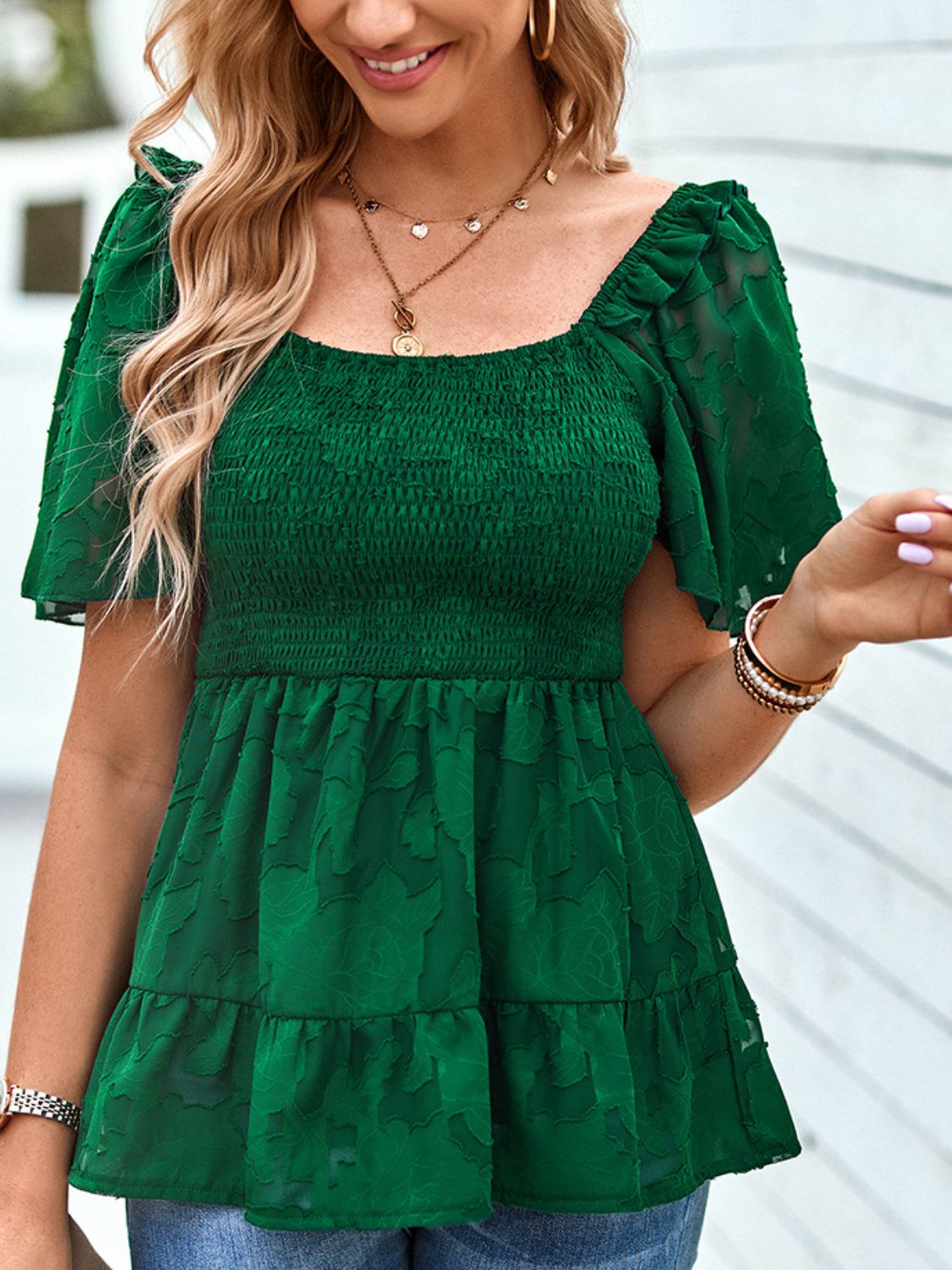 Smocked Square Neck Babydoll Blouse