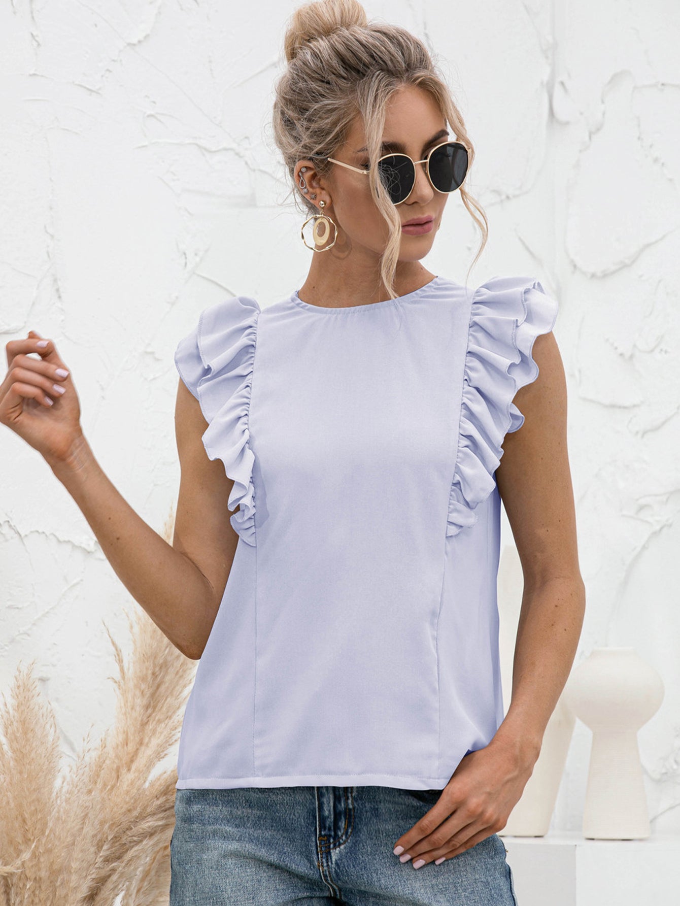 Round Neck Tied Open Back Flutter Sleeve Top