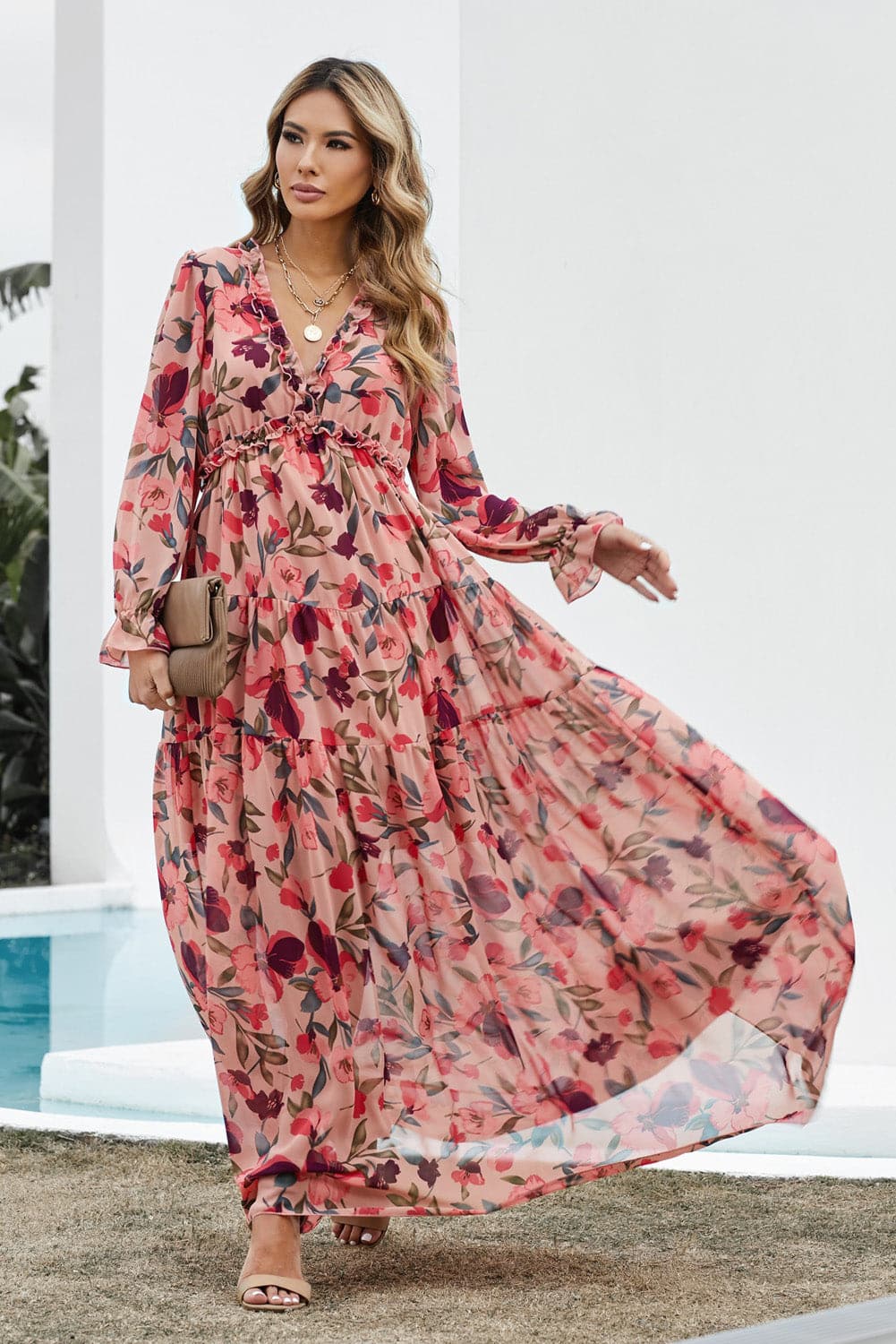 Floral Frill Trim Flounce Sleeve Plunge Maxi Dress