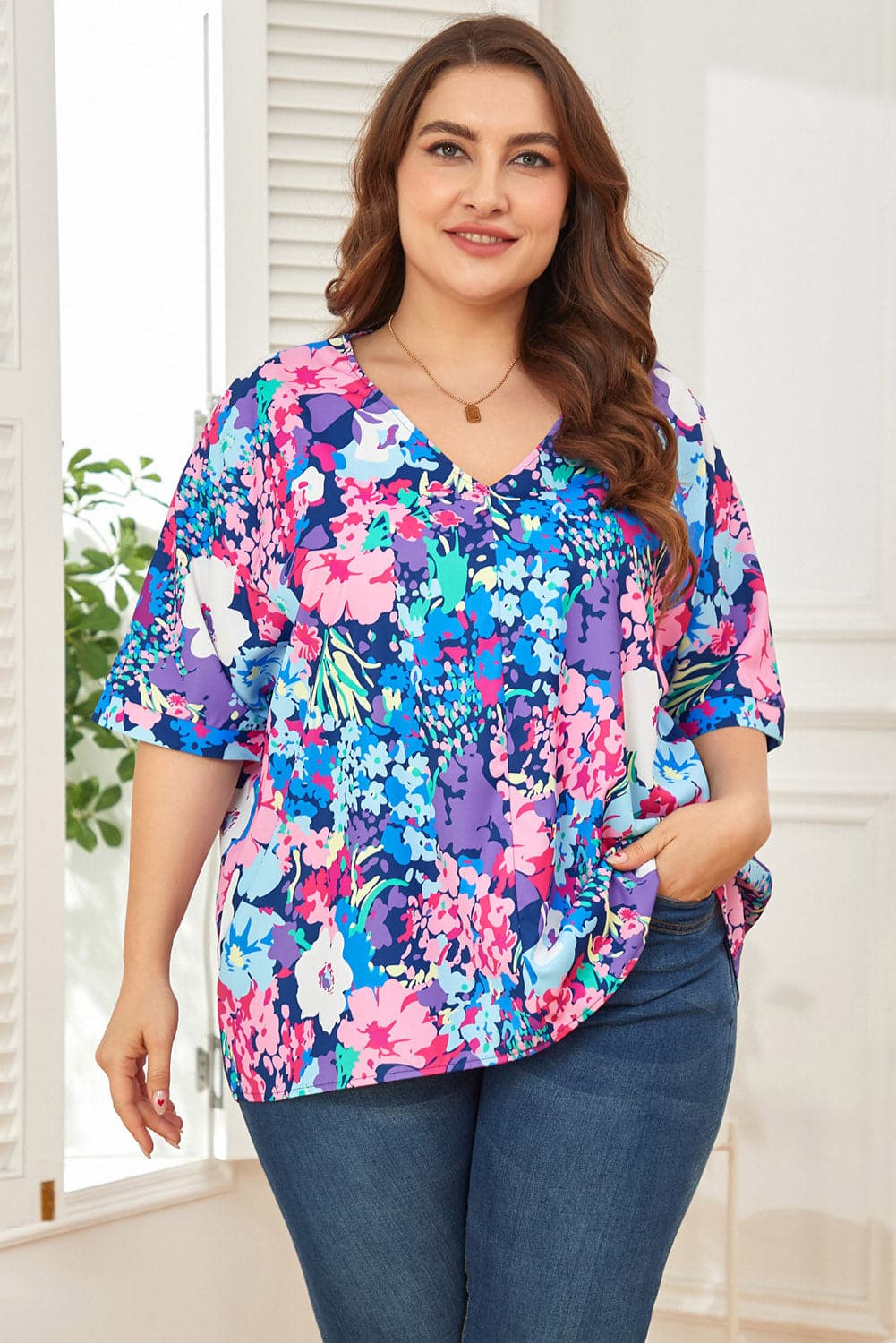 Floral Center Seam V-Neck Blouse