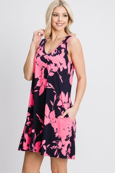 Heimish Full Size Floral V-Neck Tank Dress with Pockets