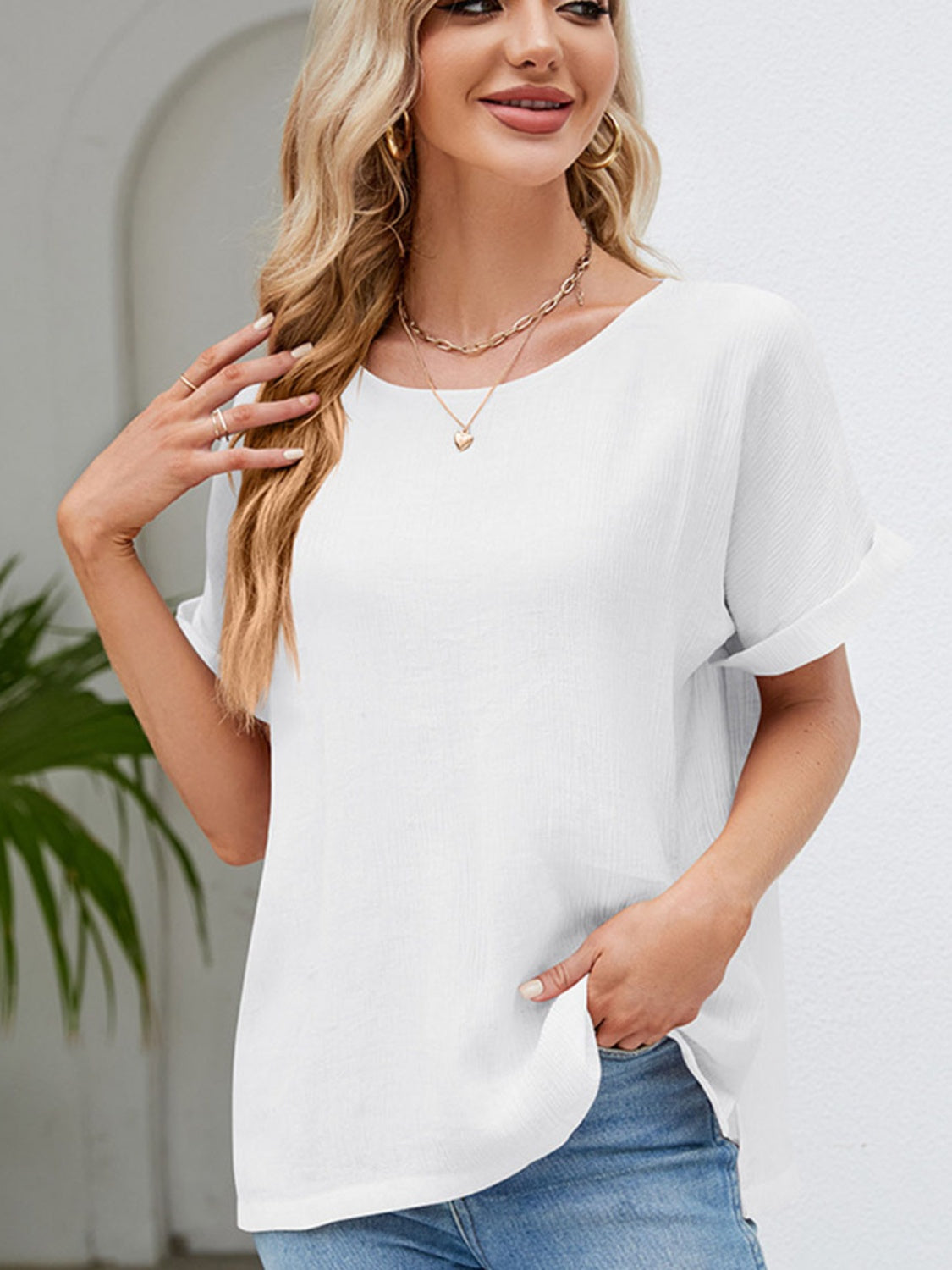 Round Neck Short Sleeve Blouse