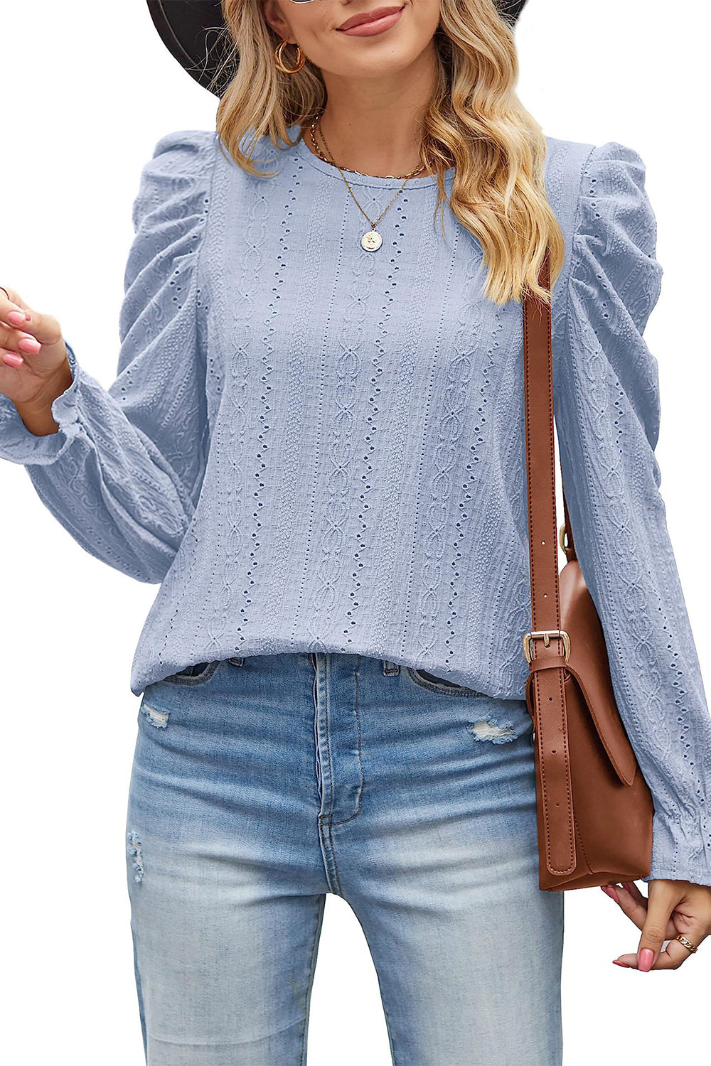 Round Neck Puff Sleeve Blouse