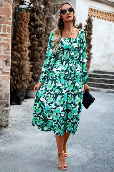 Printed Balloon Sleeve Midi Dress