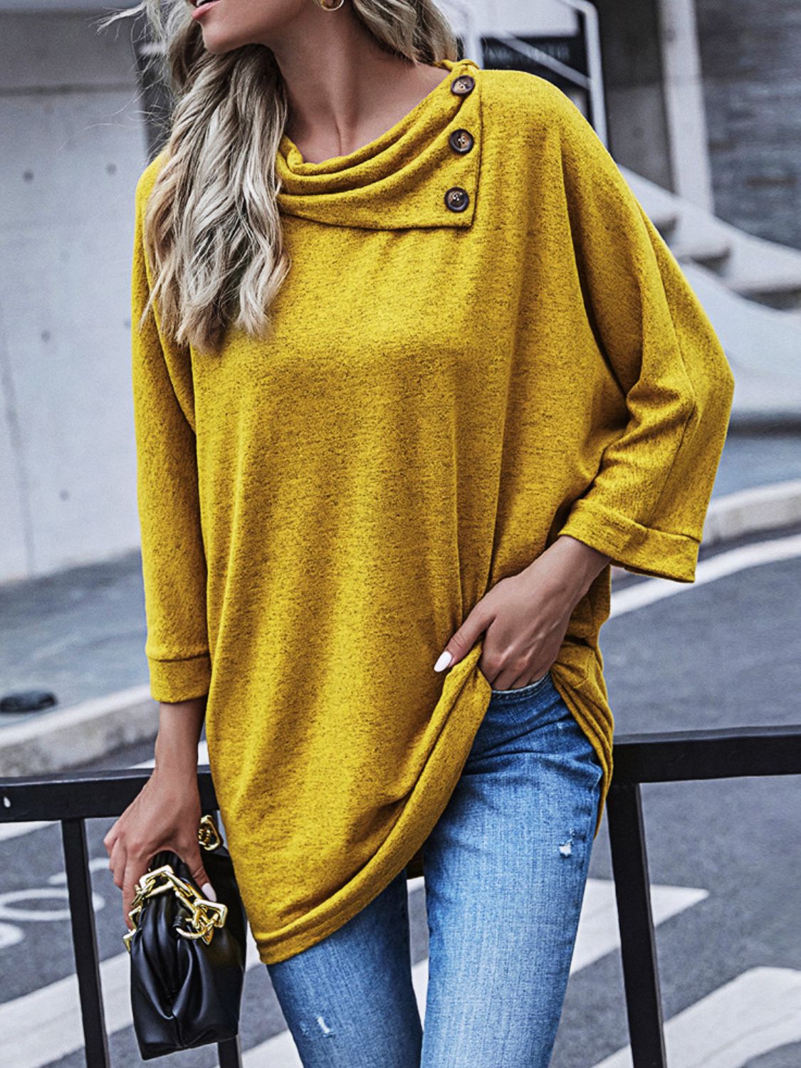 Round Neck Decorative Button Long Sleeve Blouse