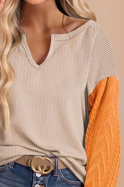 Contrast Notched Long Sleeve Blouse