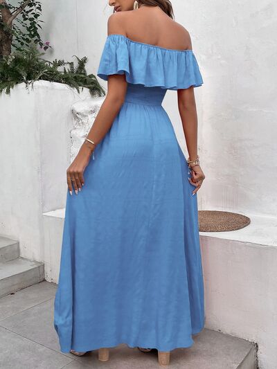 Smocked Ruffled Off-Shoulder Maxi Dress