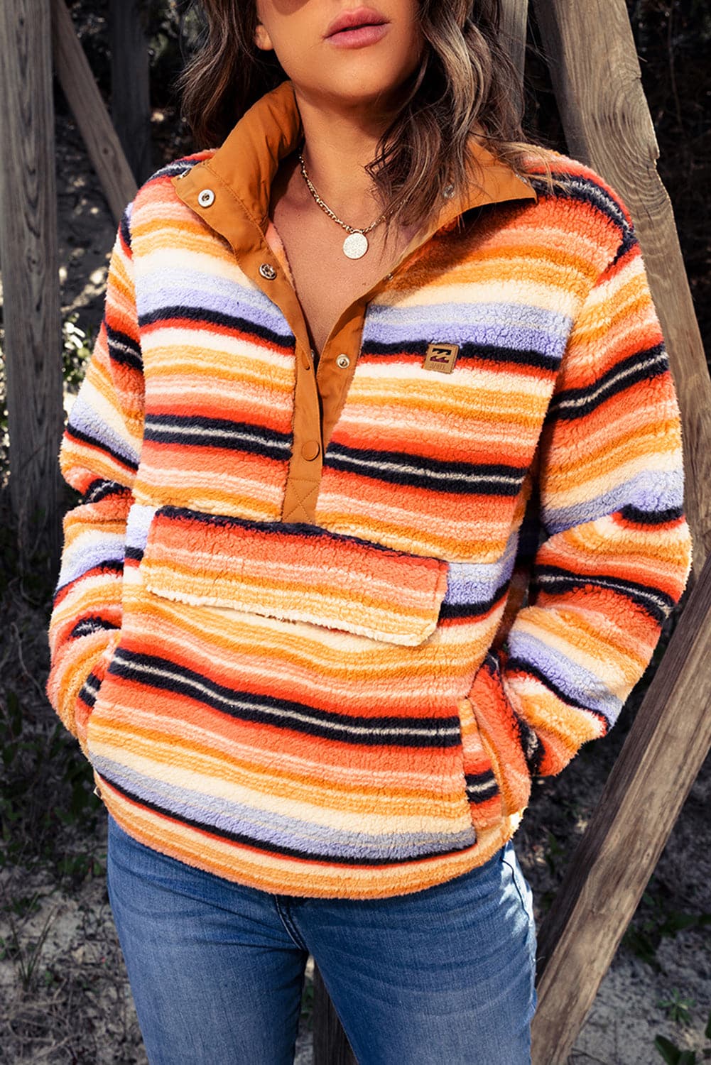 Multicolored Stripe Quarter Snap Fleece Sweatshirt