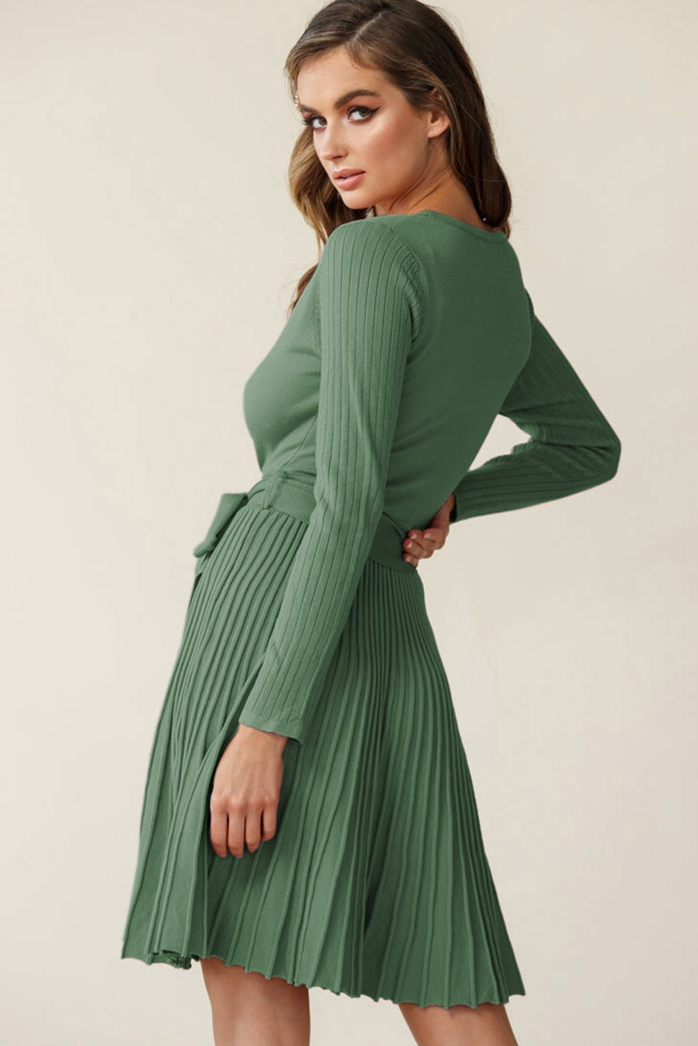 Surplice Neck Tie Waist Pleated Dress