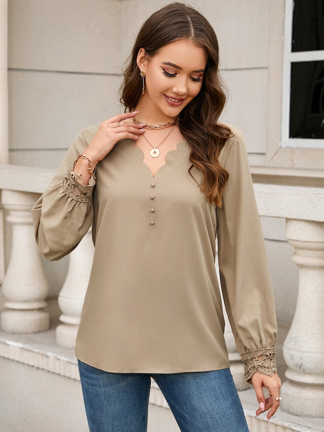 V-Neck Long Sleeve Blouse