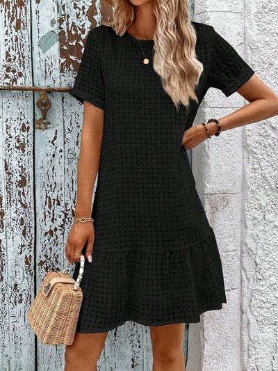 Round Neck Short Sleeve Ruffle Hem Dress