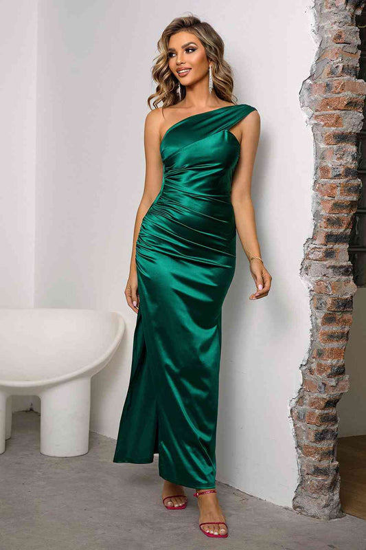 One-Shoulder Ruched Slit Maxi Dress