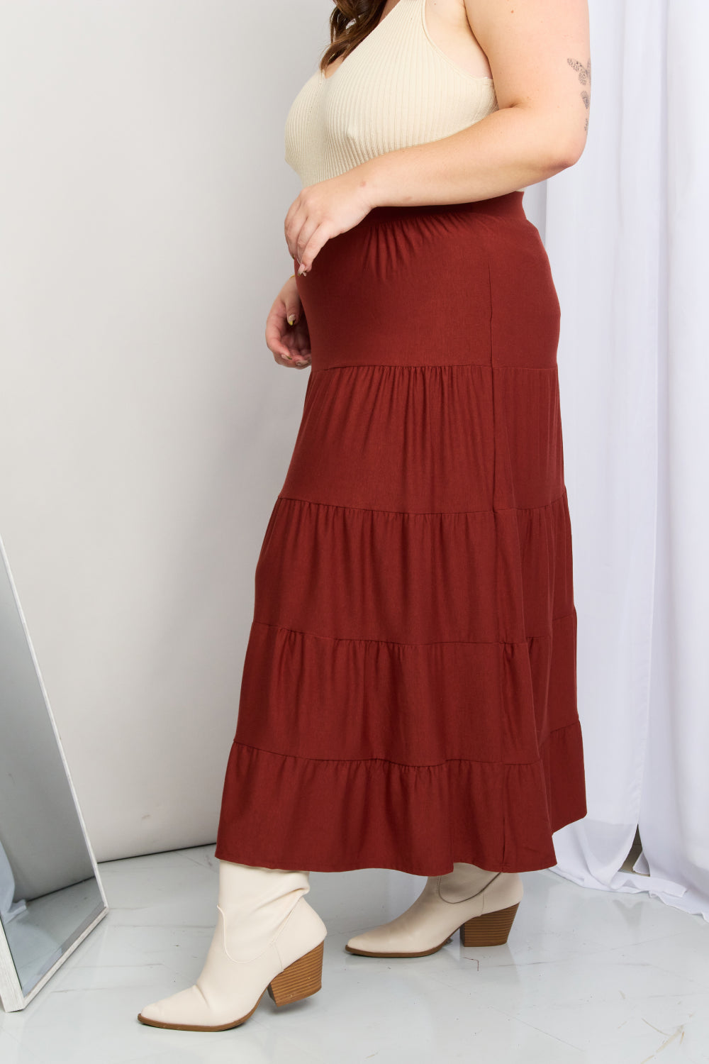 Zenana Full Size Wide Waistband Tiered Midi Skirt