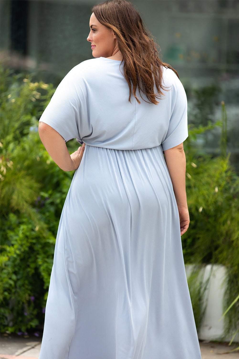 Plus Size Round Neck Split Flutter Sleeve Maxi Dress